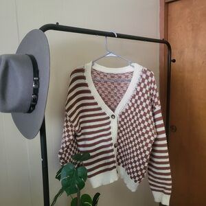 Striped and Checkered Brown and Cream Sweater